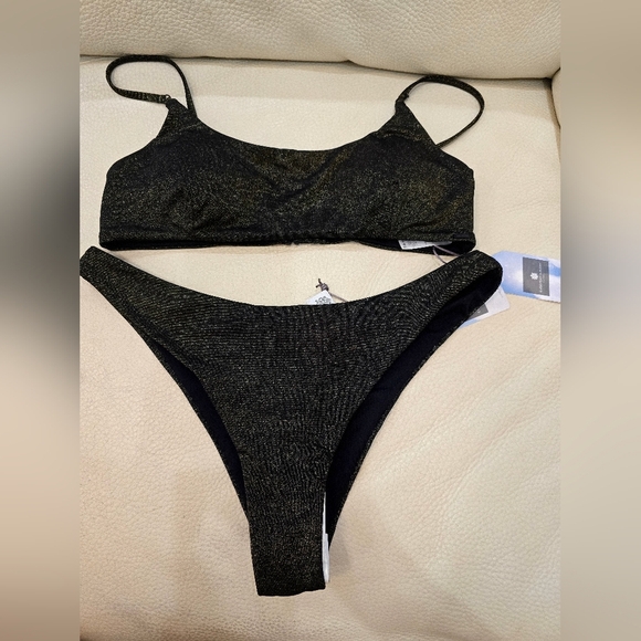 EVERYDAY SUNDAY Black Gold Shimmer Bikini Set Size 10 L - Picture 3 of 7
